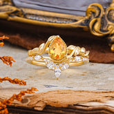 Nature-Inspired 3-Prong Oval-Cut Natural Citrine Engagement Ring Set With Vine Accents